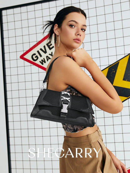SHECARRY Bolsos de hombro para mujer, de malla, nailon, otoño/verano/invierno, universidad, escuela, vacaciones, estilo callejero, deportes, una noche, Y2K, futurista, punk, estilo motero, dulce, fresco, urbano, techwear, lazo, estudiante