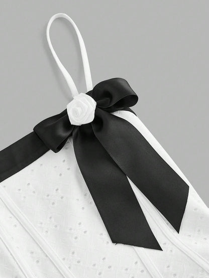 SHEINNeu Vestido de verano estilo dulce coqueto con temática de cumpleaños de Kawaii, estilo de princesa dulce con tirantes de lazo rosa y de ballet
