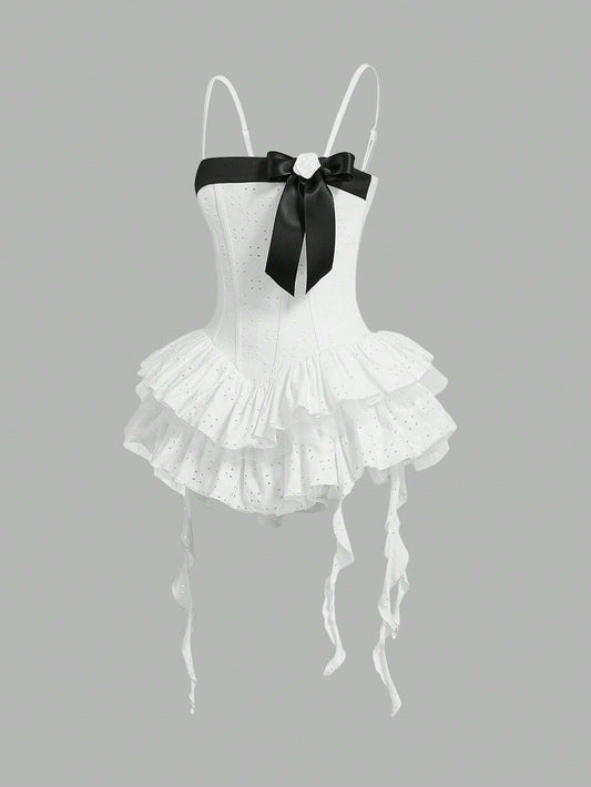 SHEINNeu Vestido de verano estilo dulce coqueto con temática de cumpleaños de Kawaii, estilo de princesa dulce con tirantes de lazo rosa y de ballet