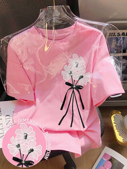 SHEIN 1 pieza Camiseta casual de mujer con cuello redondo y manga corta con decoración de flores 3D y lazo, un regalo para amigos