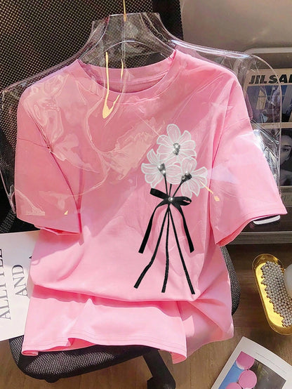 SHEIN 1 pieza Camiseta casual de mujer con cuello redondo y manga corta con decoración de flores 3D y lazo, un regalo para amigos