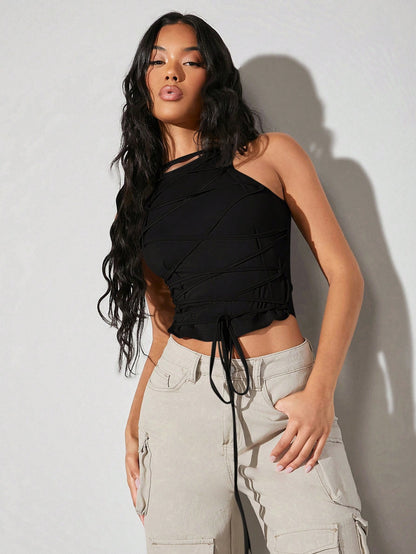 SHEIN BAE Blusa De Tirantes Ajustada Con Encaje Y Cordones De Color Sólido Para Mujer