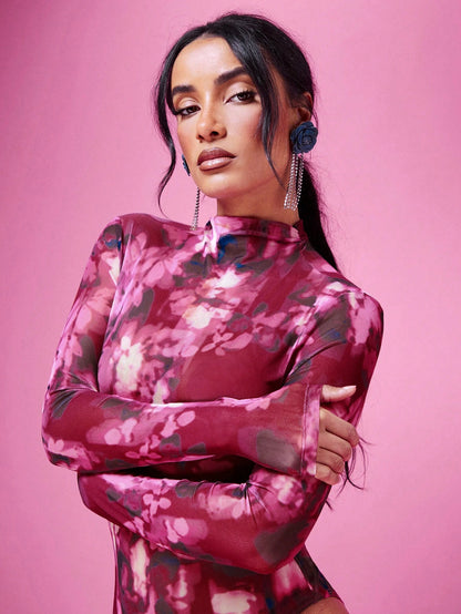 SHEIN BAE Body De Malla Con Efecto Tie-dye Y Cuello Alto