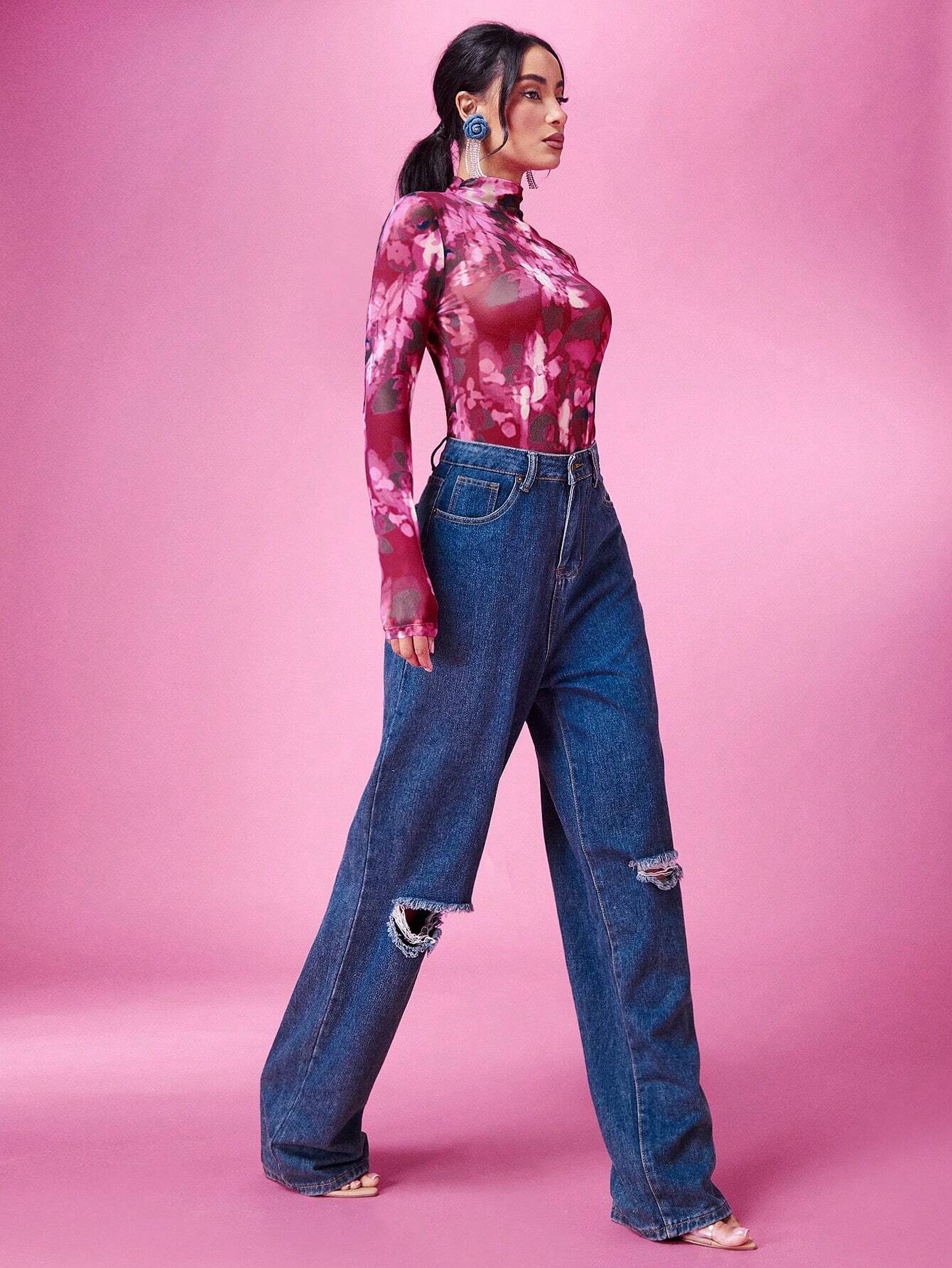 SHEIN BAE Body De Malla Con Efecto Tie-dye Y Cuello Alto