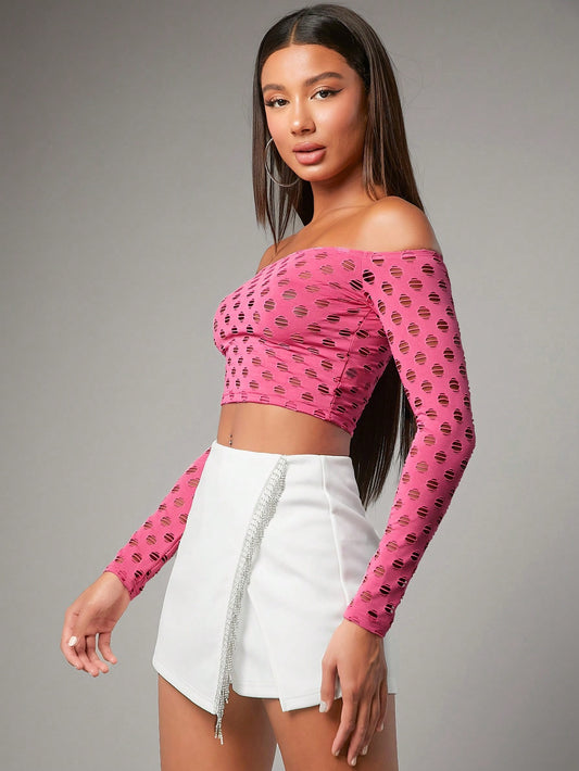 SHEIN BAE Camiseta crop de hombros descubiertos con abertura