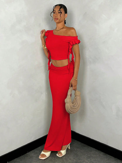 SHEIN BAE Conjunto de 2 piezas con blusa asimétrica de hombro con volantes de unicolor de verano + falda de satén de cola de pez