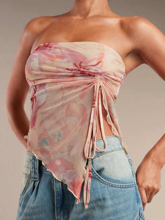 SHEIN BAE Top de tubo con estampado floral y cortes frontales, lindo top de verano, tanques florales de verano