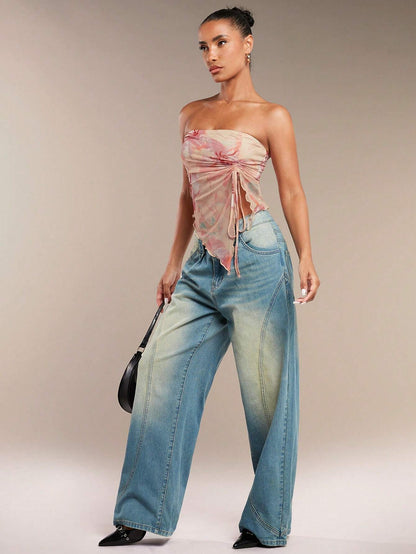 SHEIN BAE Top de tubo con estampado floral y cortes frontales, lindo top de verano, tanques florales de verano