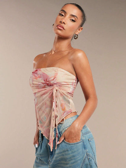 SHEIN BAE Top de tubo con estampado floral y cortes frontales, lindo top de verano, tanques florales de verano