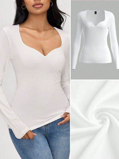 SHEIN BASICS Blusa ajustada de manga larga con escote de ojo de cerradura de unicolor de punto para mujeres