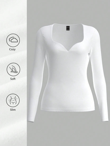 SHEIN BASICS Blusa ajustada de manga larga con escote de ojo de cerradura de unicolor de punto para mujeres