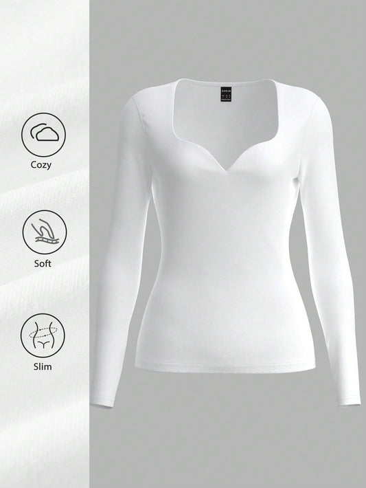 SHEIN BASICS Blusa ajustada de manga larga con escote de ojo de cerradura de unicolor de punto para mujeres