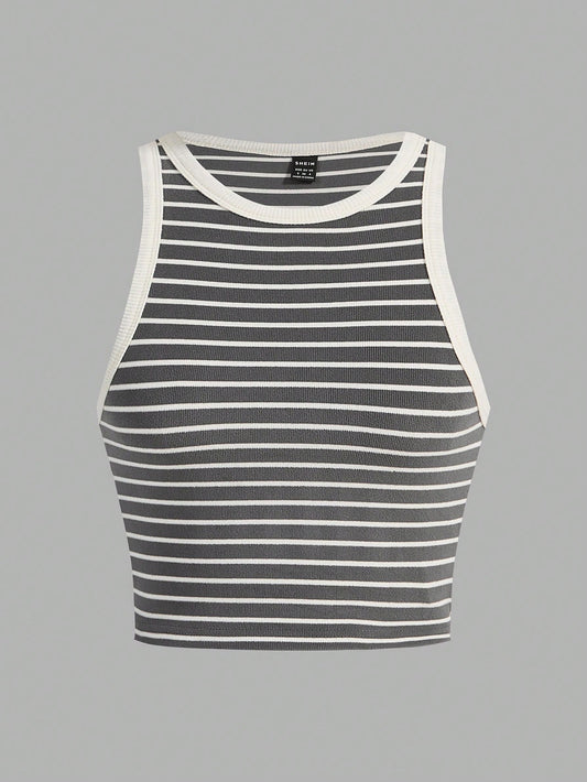 SHEIN BASICS Top De Tanque Corto A Rayas Para Mujer