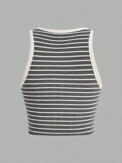 SHEIN BASICS Top De Tanque Corto A Rayas Para Mujer
