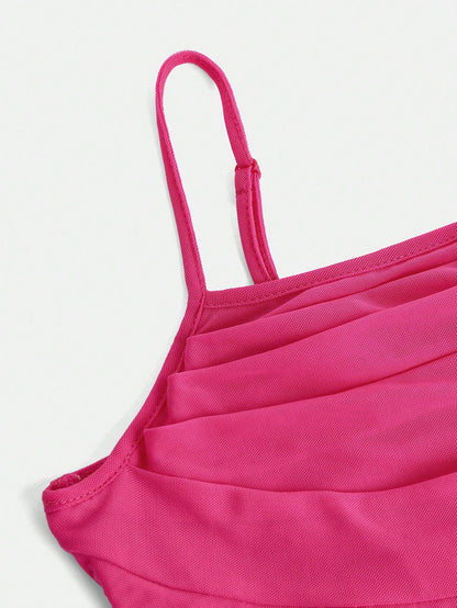 SHEIN Blusa casual de tirantes de punto con fruncidos y malla tejida para adolescente