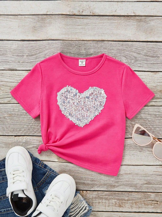 SHEIN Camiseta Casual De Manga Corta Para Chica Con Diseño De Corazón Y Detalles De Lentejuelas