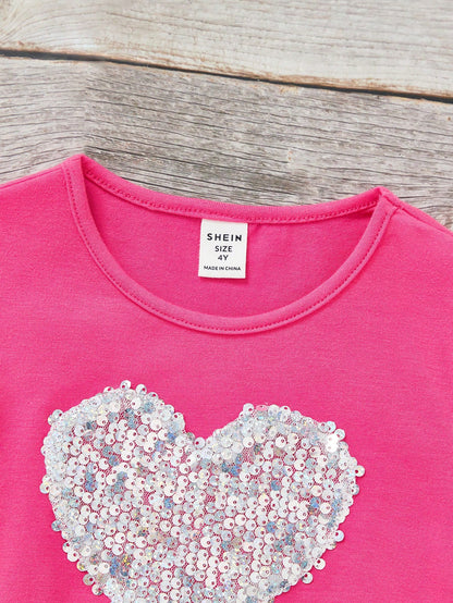 SHEIN Camiseta Casual De Manga Corta Para Chica Con Diseño De Corazón Y Detalles De Lentejuelas