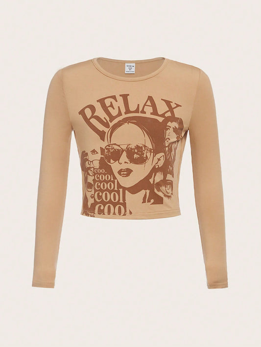 SHEIN Camiseta Casual De Manga Larga Y Cuello Redondo Tejida Para Niñas Adolescentes, Con Estampado Para Uso Diario