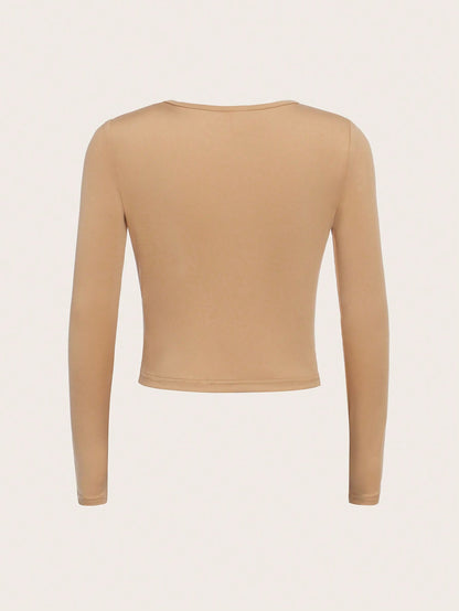 SHEIN Camiseta Casual De Manga Larga Y Cuello Redondo Tejida Para Niñas Adolescentes, Con Estampado Para Uso Diario