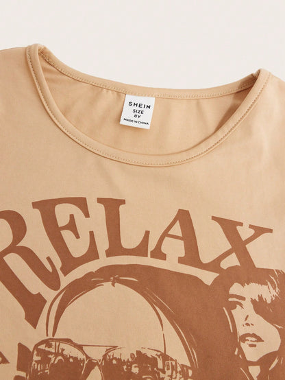 SHEIN Camiseta Casual De Manga Larga Y Cuello Redondo Tejida Para Niñas Adolescentes, Con Estampado Para Uso Diario