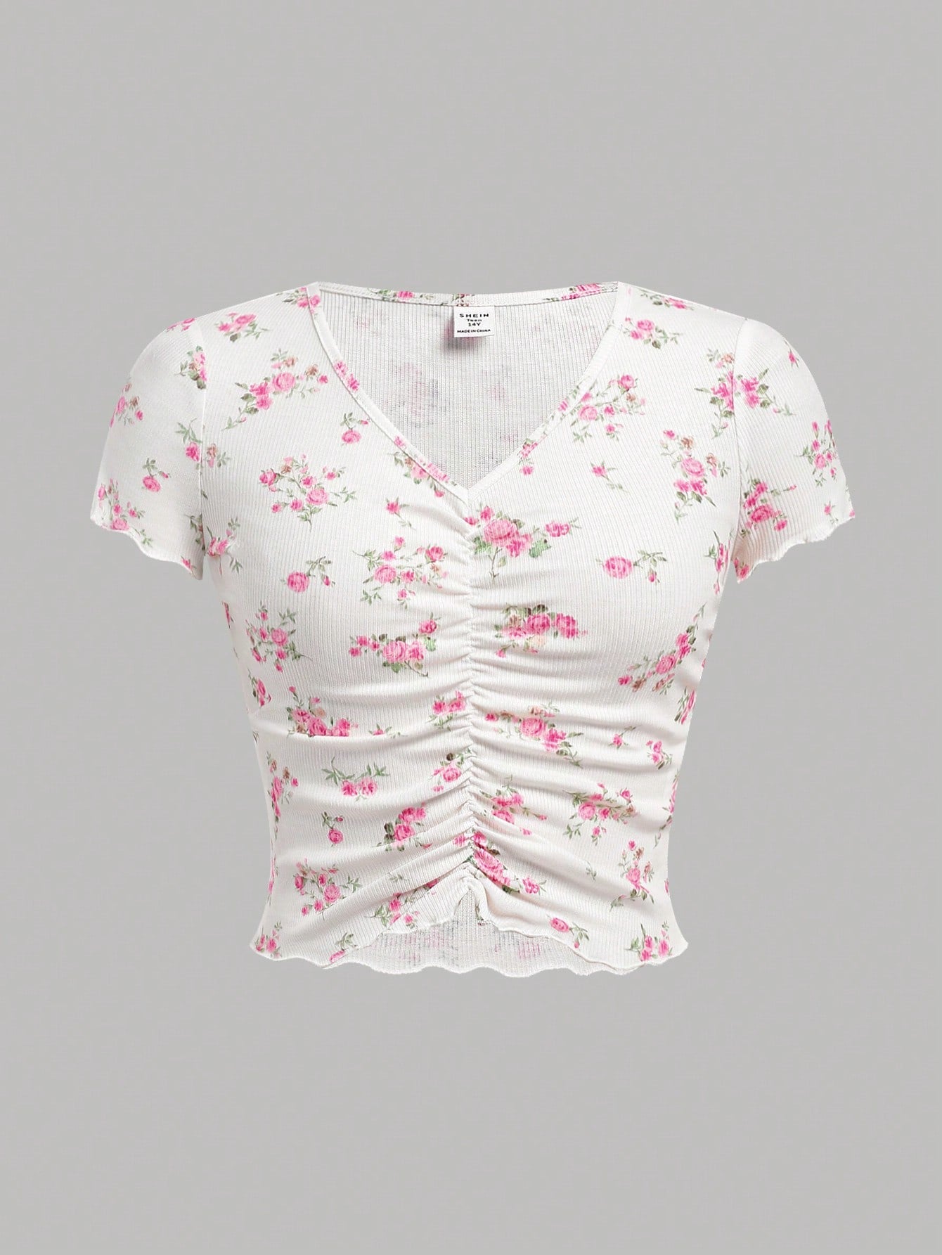 SHEIN Camiseta ajustada de manga corta con escote en V, fruncido delantero, de punto acanalado blanco con estampado floral diminuto para adolescente