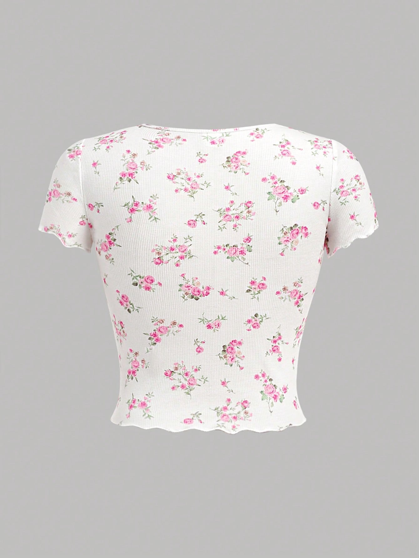 SHEIN Camiseta ajustada de manga corta con escote en V, fruncido delantero, de punto acanalado blanco con estampado floral diminuto para adolescente