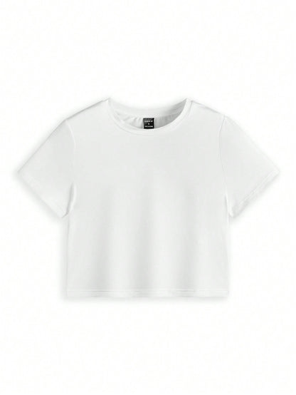 SHEIN Camiseta de mujer ajustada y acortada con cuello redondo de artista