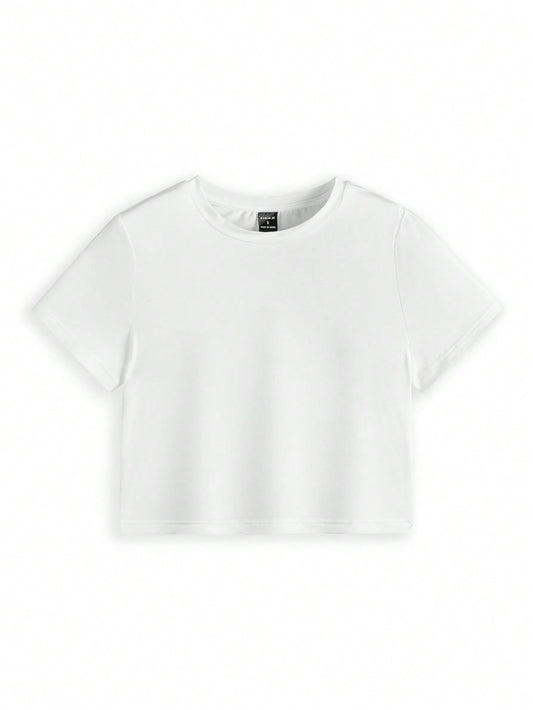 SHEIN Camiseta de mujer ajustada y acortada con cuello redondo de artista