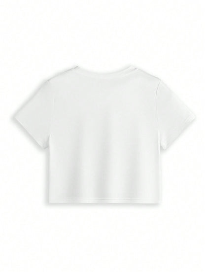 SHEIN Camiseta de mujer ajustada y acortada con cuello redondo de artista