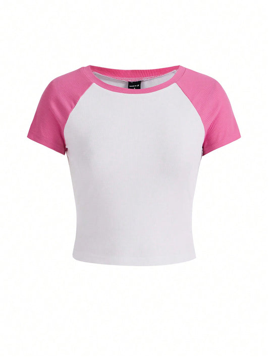 SHEIN Camiseta de mujer de corte regular con cuello redondo y contraste de colores, básica para el verano