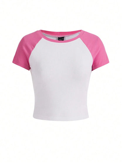 SHEIN Camiseta regular de mujer con cuello redondo y color contrastado, para verano, básicos de mujer