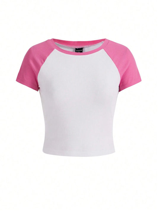 SHEIN Camiseta regular de mujer con cuello redondo y color contrastado, para verano, básicos de mujer