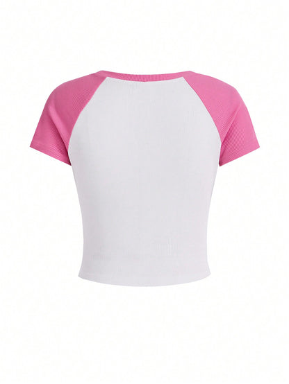 SHEIN Camiseta de mujer de corte regular con cuello redondo y contraste de colores, básica para el verano