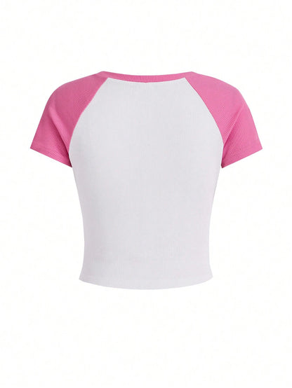 SHEIN Camiseta regular de mujer con cuello redondo y color contrastado, para verano, básicos de mujer