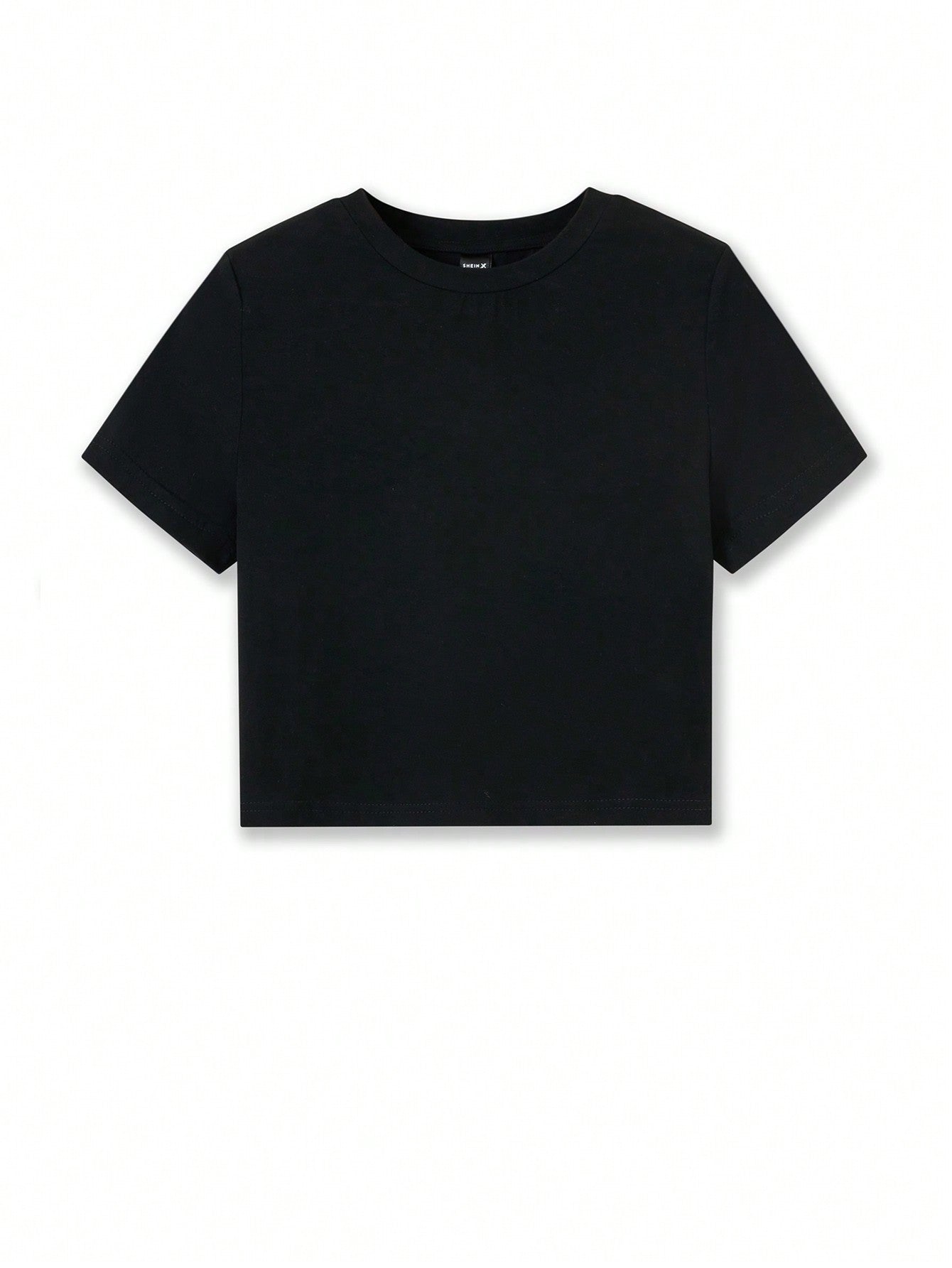SHEIN Camiseta negra de mujer tipo básica, ajustada y corta con cuello redondo, para verano