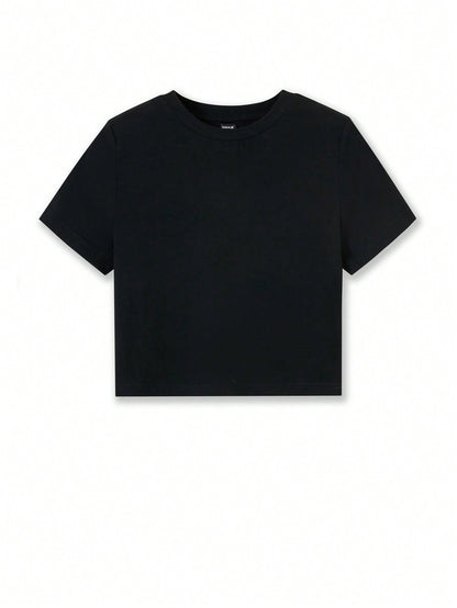 SHEIN Camiseta negra de mujer tipo básica, ajustada y corta con cuello redondo, para verano
