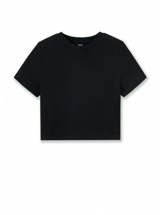 SHEIN Camiseta negra de mujer tipo básica, ajustada y corta con cuello redondo, para verano