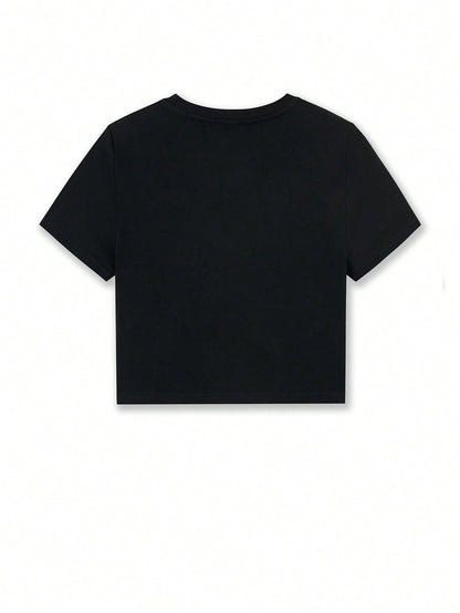 SHEIN Camiseta negra de mujer tipo básica, ajustada y corta con cuello redondo, para verano