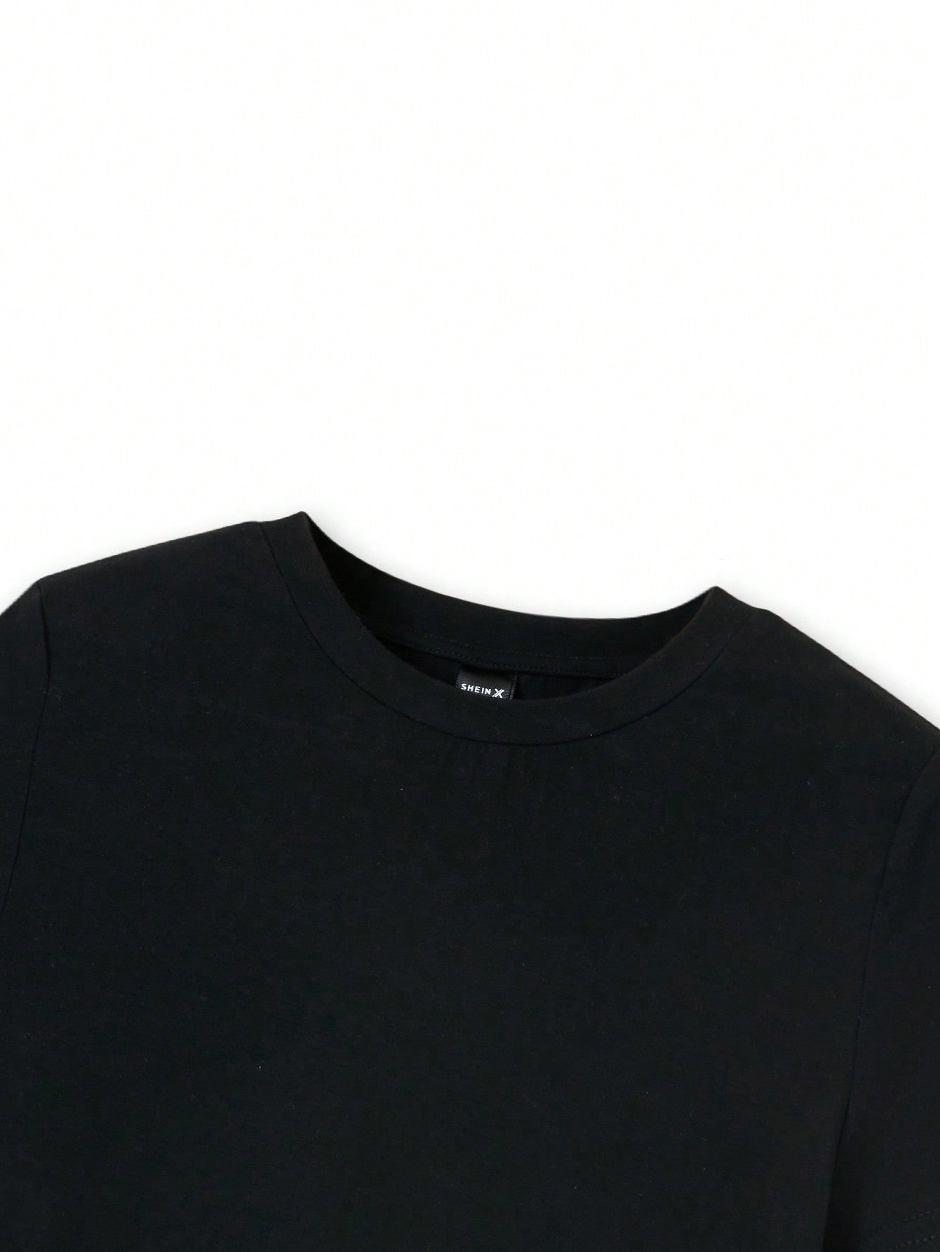 SHEIN Camiseta negra de mujer tipo básica, ajustada y corta con cuello redondo, para verano