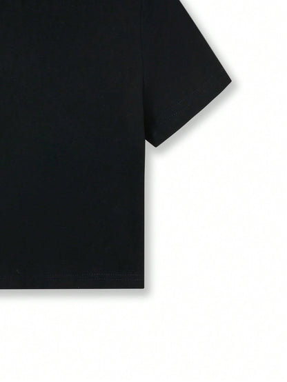 SHEIN Camiseta negra de mujer tipo básica, ajustada y corta con cuello redondo, para verano