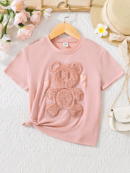 SHEIN Camiseta rosa de manga corta para niña con precioso bordado de oso y diseño de cuello redondo, informal y versátil para primavera y verano