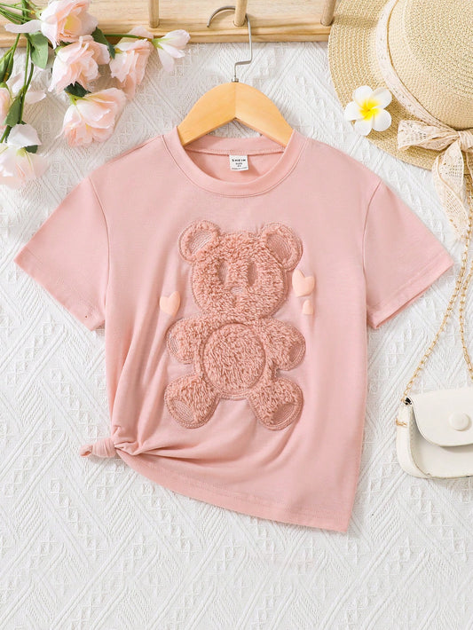 SHEIN Camiseta rosa de manga corta para niña con precioso bordado de oso y diseño de cuello redondo, informal y versátil para primavera y verano