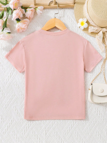 SHEIN Camiseta rosa de manga corta para niña con precioso bordado de oso y diseño de cuello redondo, informal y versátil para primavera y verano