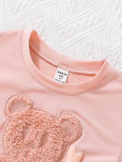 SHEIN Camiseta rosa de manga corta para niña con precioso bordado de oso y diseño de cuello redondo, informal y versátil para primavera y verano