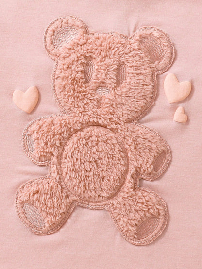 SHEIN Camiseta rosa de manga corta para niña con precioso bordado de oso y diseño de cuello redondo, informal y versátil para primavera y verano
