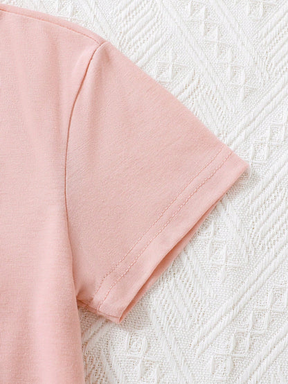SHEIN Camiseta rosa de manga corta para niña con precioso bordado de oso y diseño de cuello redondo, informal y versátil para primavera y verano