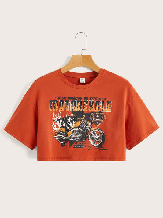 SHEIN Chicas adolescentes Camiseta con estampado de letra y motocicleta