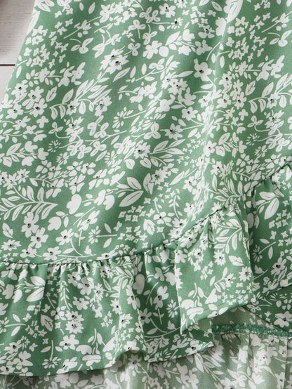 SHEIN Chicas con estampado floral Top de tirantes & ribete con fruncido bajo asimétrico Falda - Conjunto