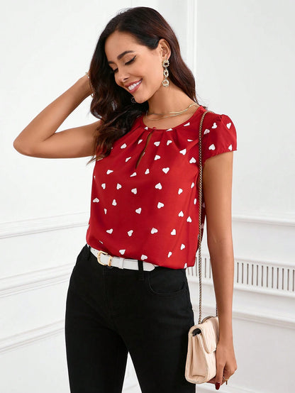 SHEIN Clasi Camisa de diseño plegable para mujer con decoración de impresión de corazones simples