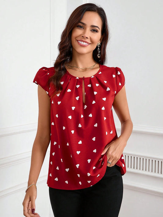 SHEIN Clasi Camisa de diseño plegable para mujer con decoración de impresión de corazones simples